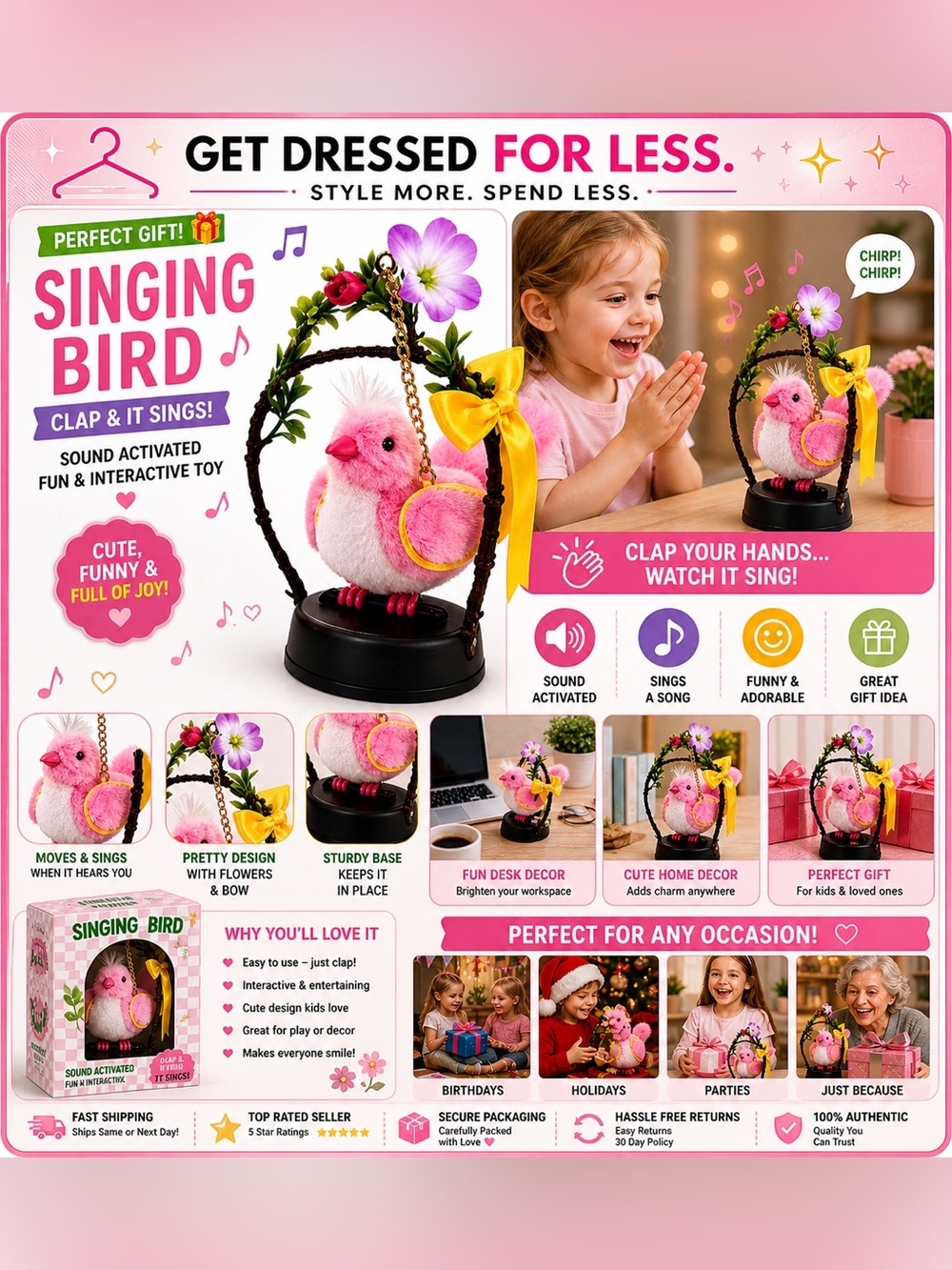 Singing Bird Toy Pink Sound Activated Motion Gift Funny Desk Decor